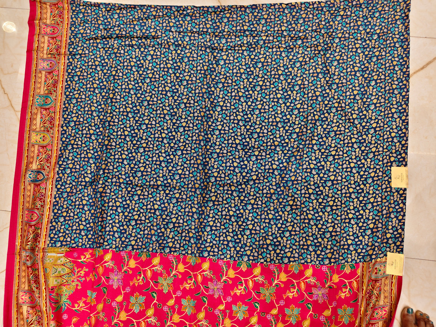 Rani Pink & Blue Printed Silk Saree