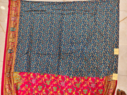 Rani Pink & Blue Printed Silk Saree