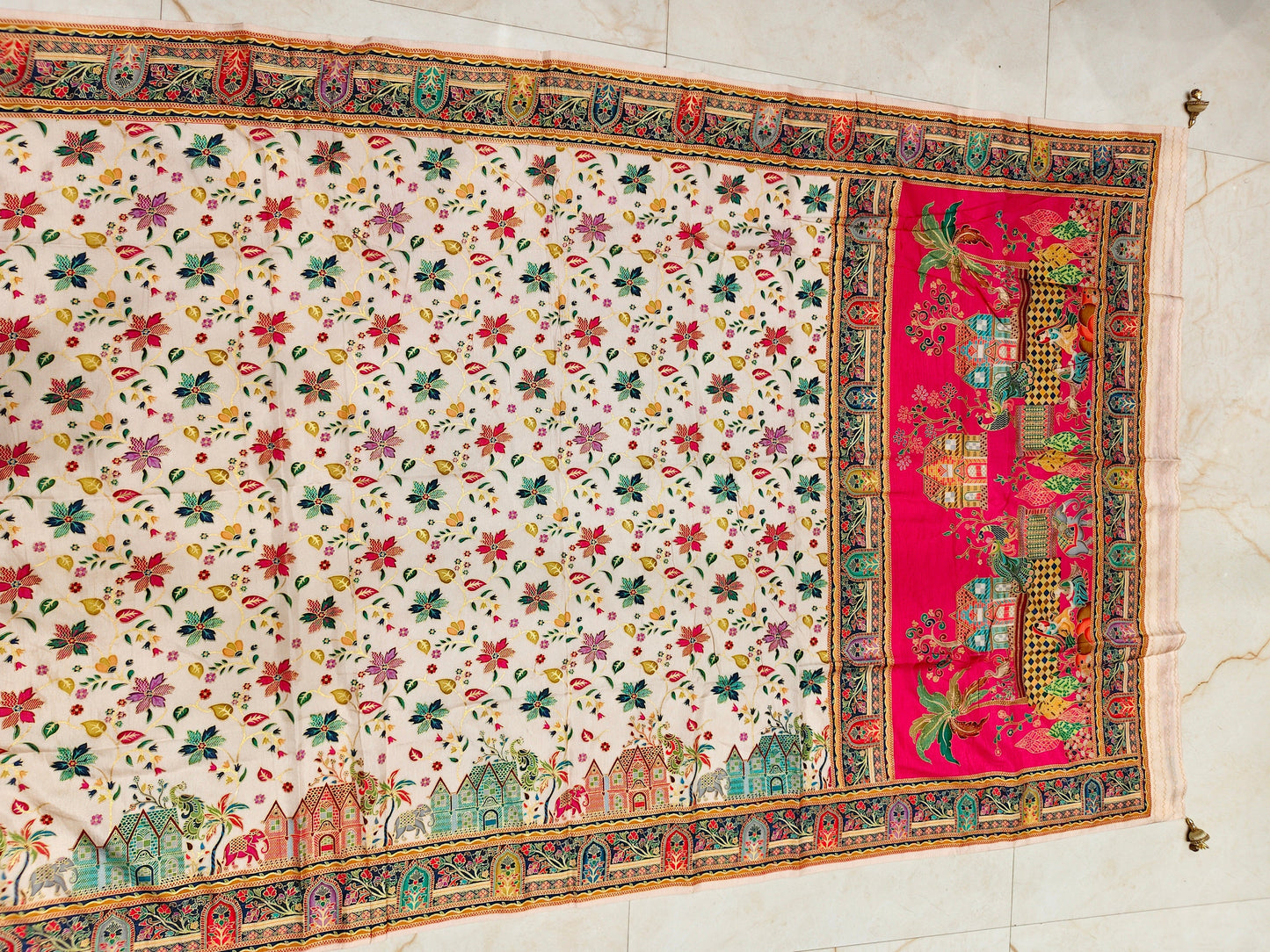 Rani Pink & Cream Printed Silk Saree