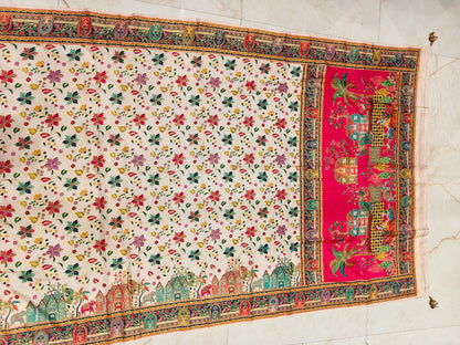 Rani Pink & Cream Printed Silk Saree