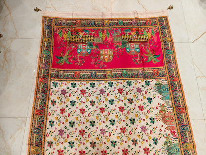 Rani Pink & Cream Printed Silk Saree