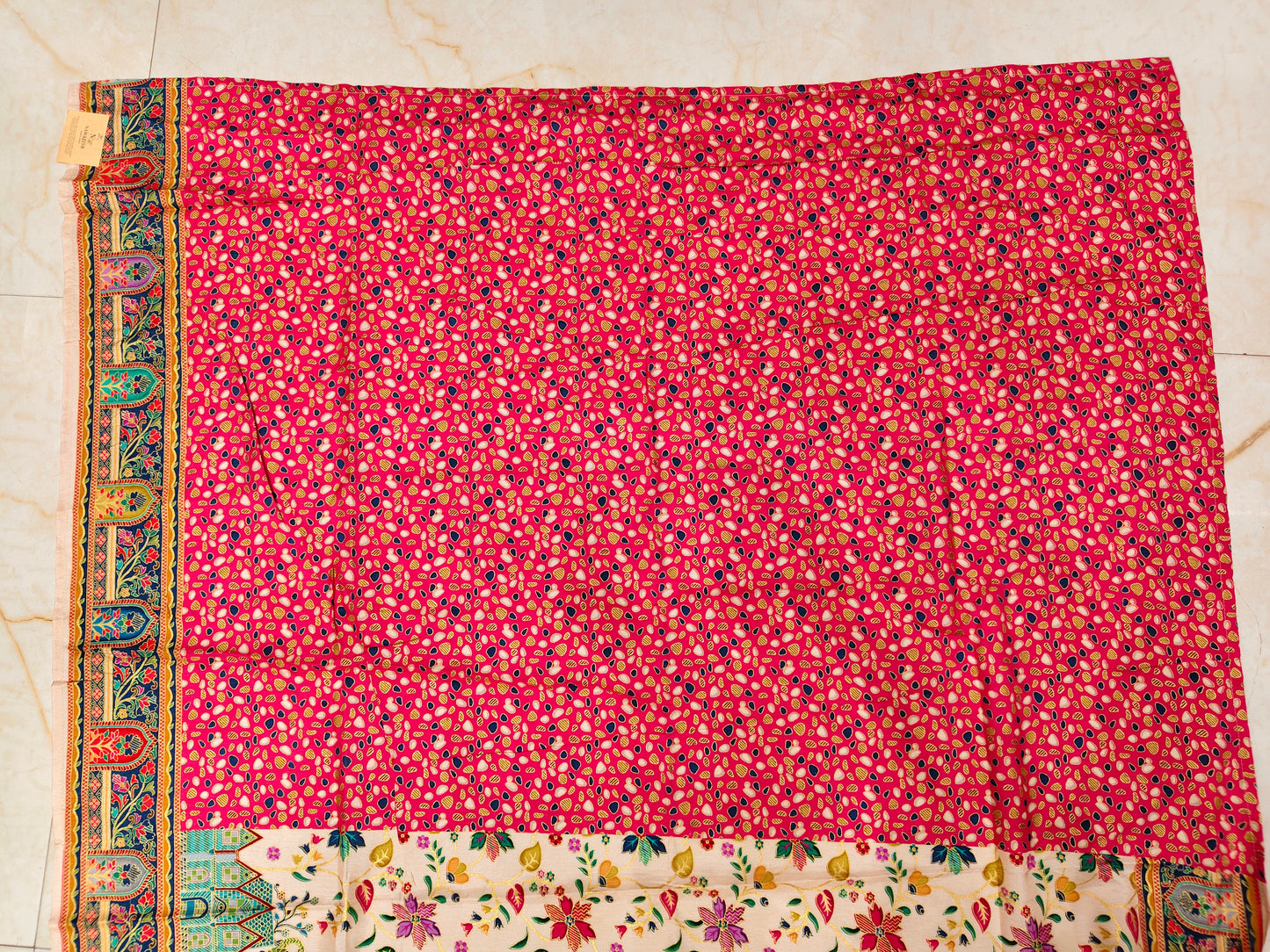 Rani Pink & Cream Printed Silk Saree
