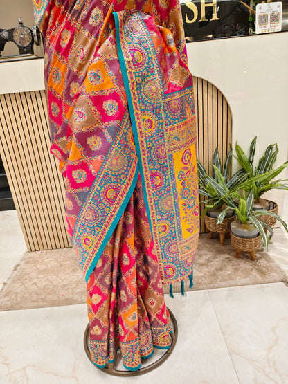 Multi Colour Floral Printed Silk Saree