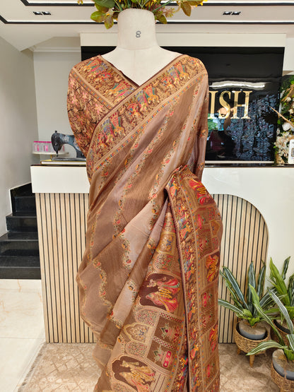 Wine Darbari Motif Tissue Saree