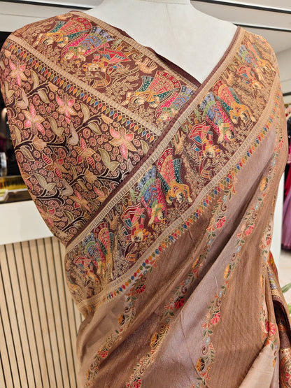 Wine Darbari Motif Tissue Saree