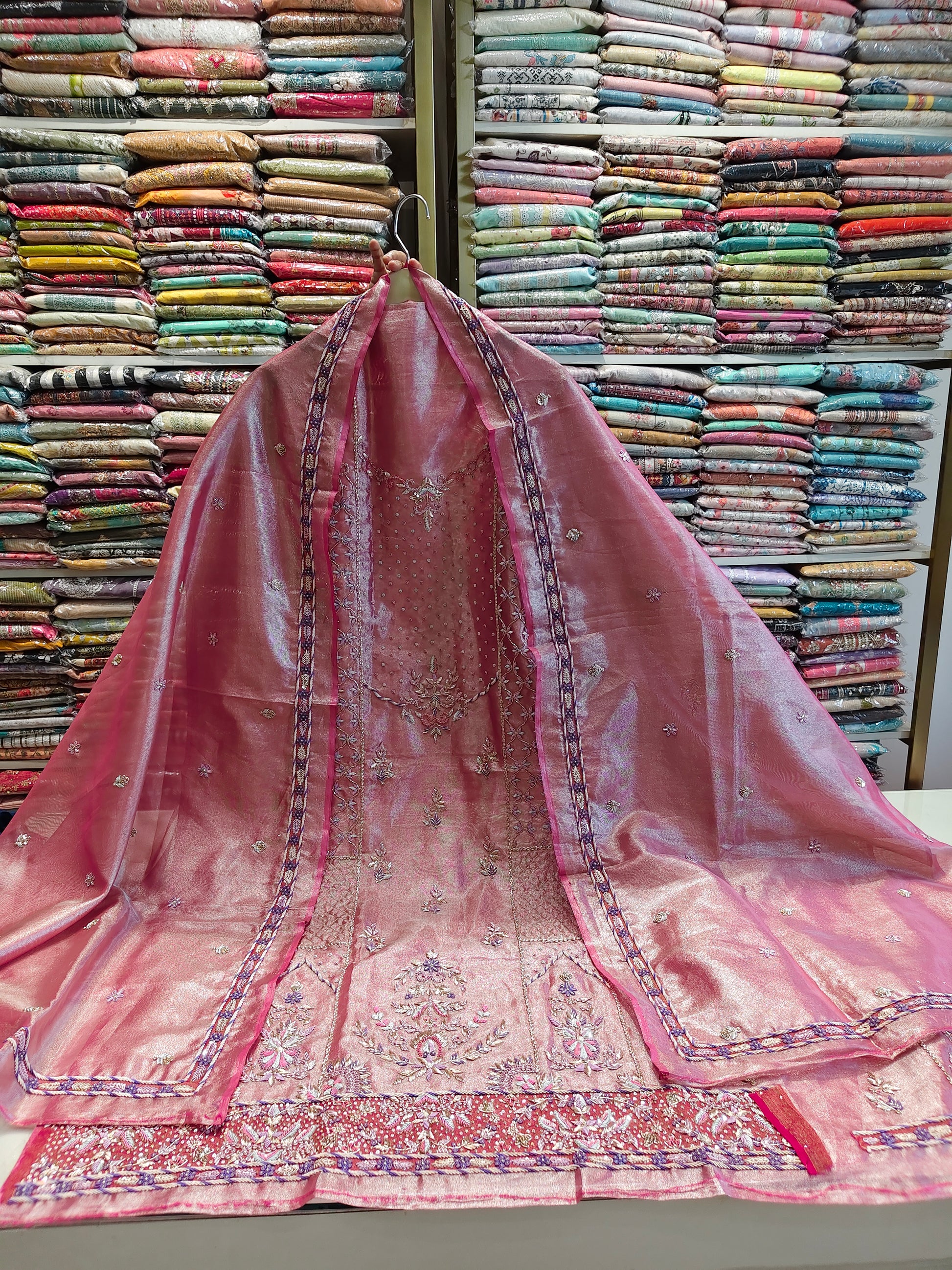 Onion Pink Unstitched Suit
Tissue Suit Set
Dabka Work Suit
Designer Festive Suit
Wedding Wear Unstitched Suit