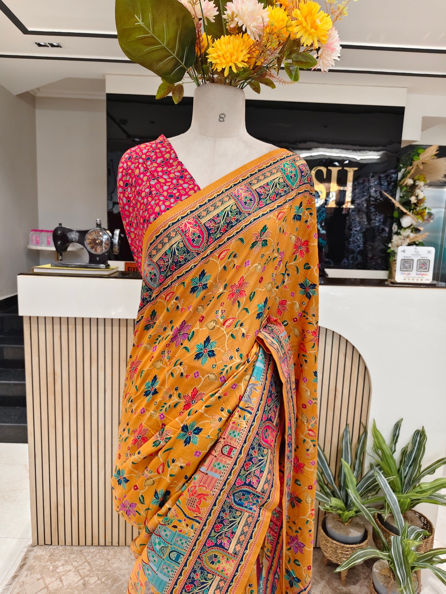 Mustard & Rani Pink Kalamkari Silk Saree