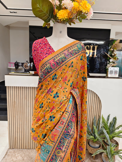 Mustard & Rani Pink Kalamkari Silk Saree