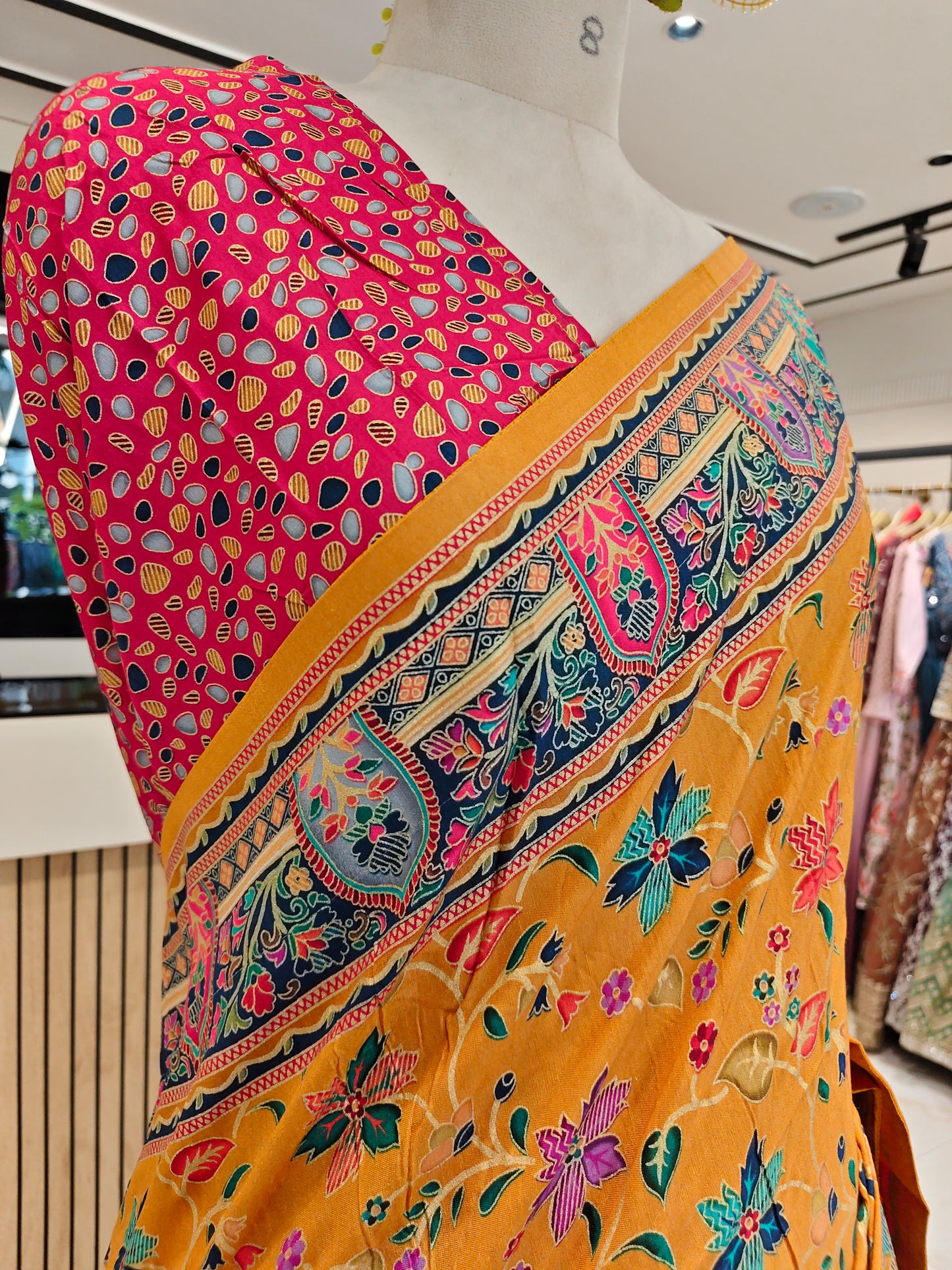 Mustard & Rani Pink Kalamkari Silk Saree