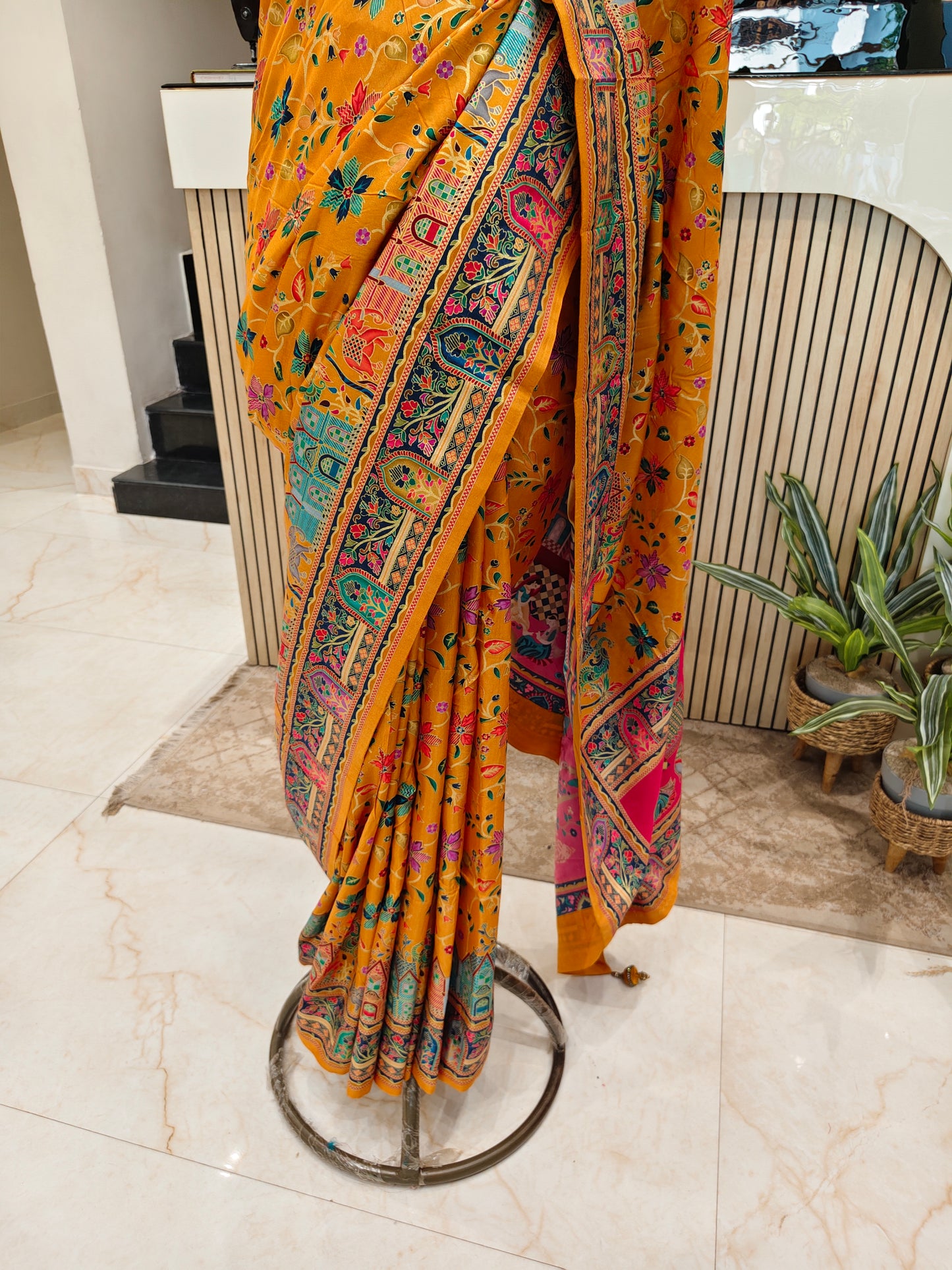Mustard & Rani Pink Kalamkari Silk Saree