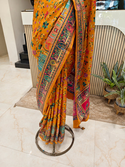 Mustard & Rani Pink Kalamkari Silk Saree