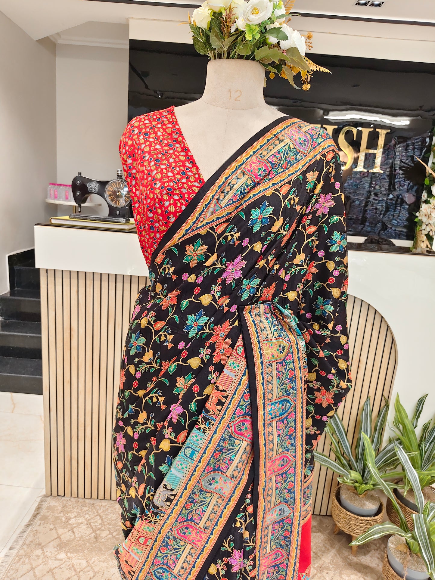 Red & Black Floral Printed Silk Saree