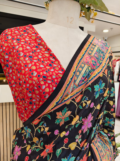 Red & Black Floral Printed Silk Saree