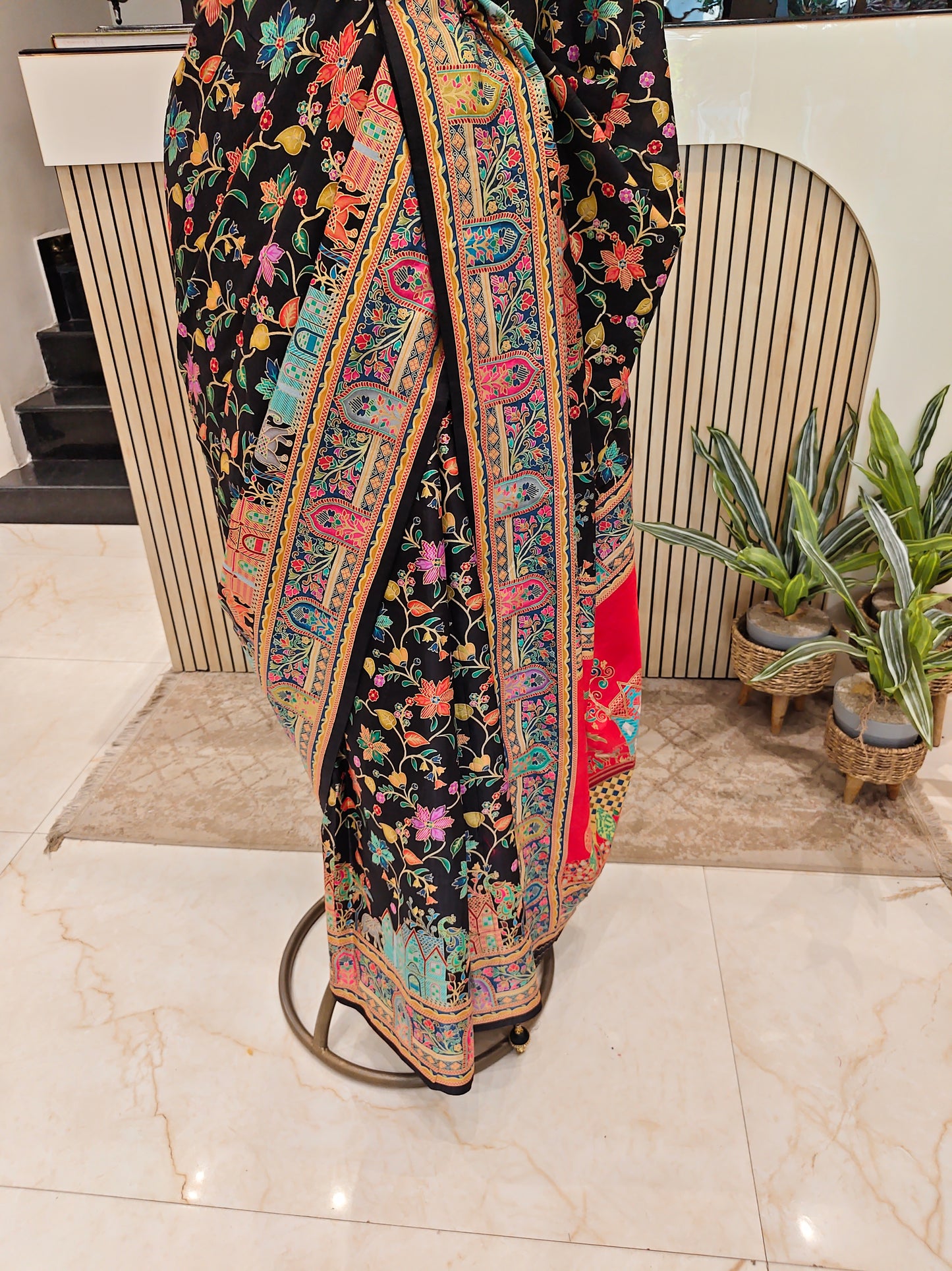 Red & Black Floral Printed Silk Saree