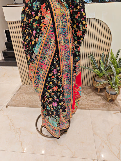 Red & Black Floral Printed Silk Saree