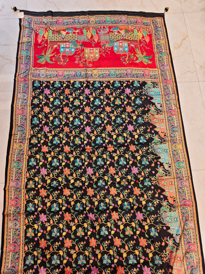 Red & Black Floral Printed Silk Saree