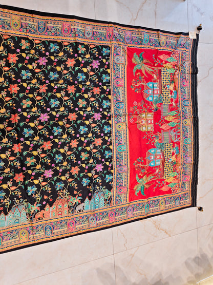 Red & Black Floral Printed Silk Saree