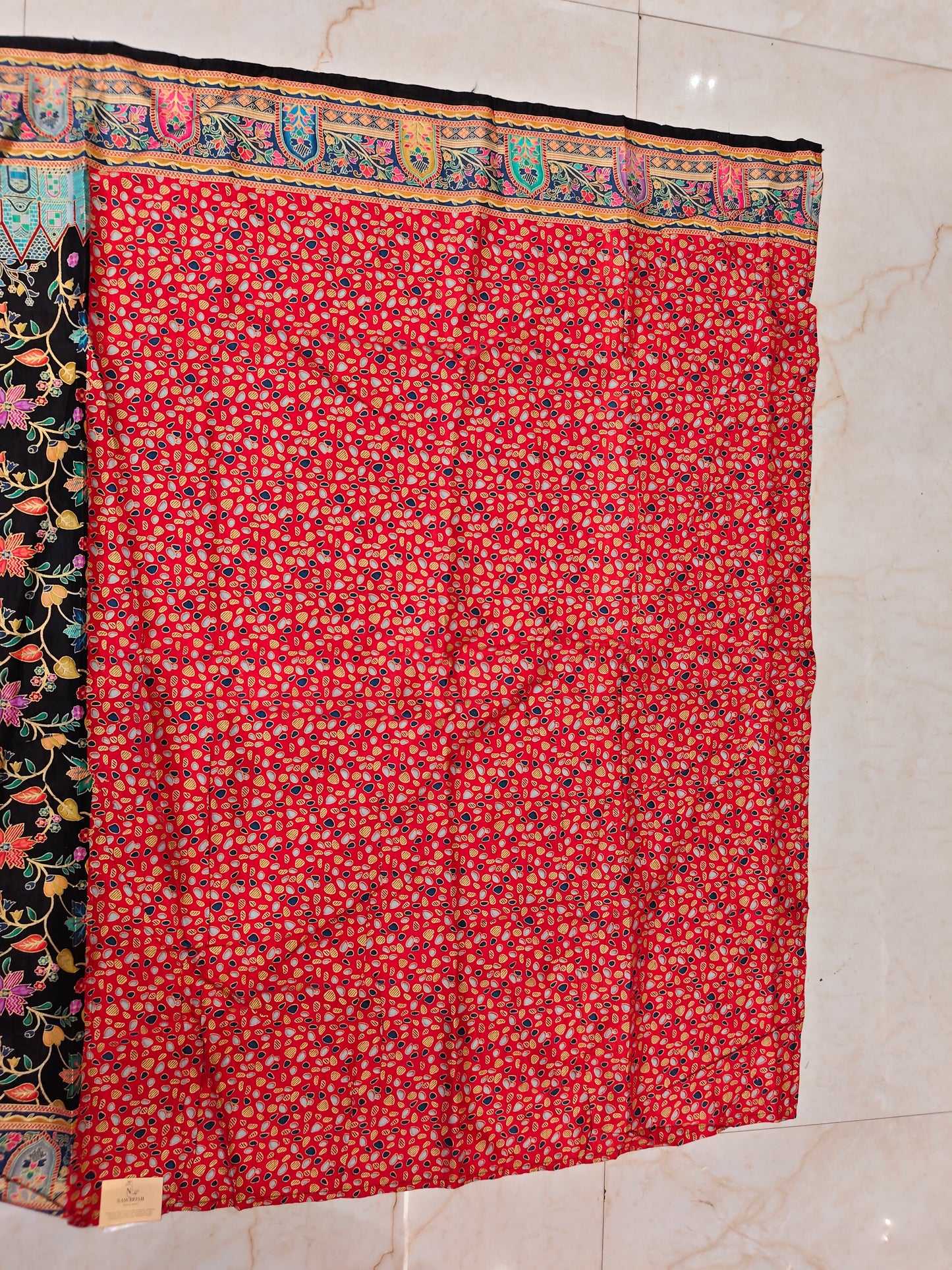 Red & Black Floral Printed Silk Saree