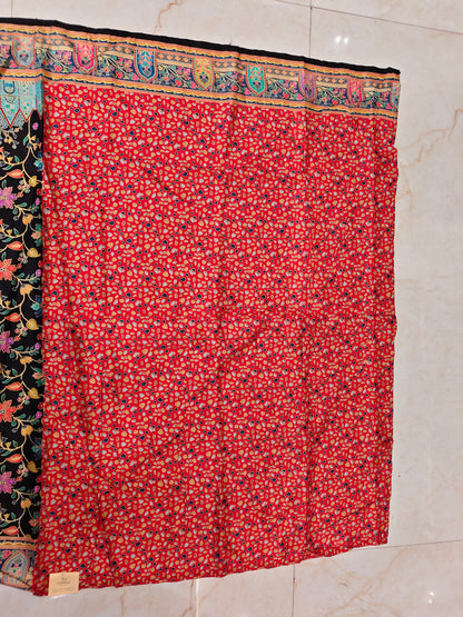 Red & Black Floral Printed Silk Saree