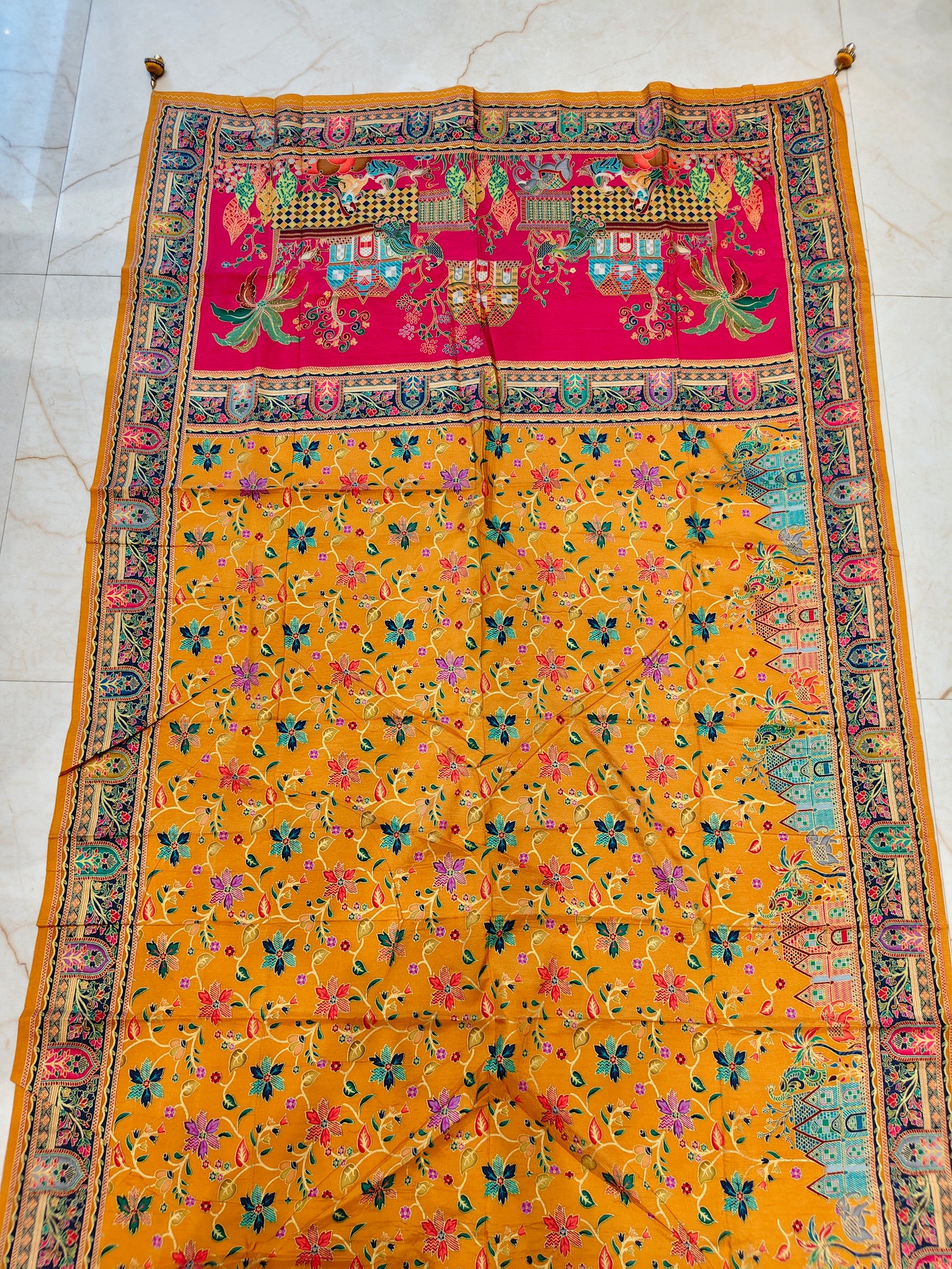 Mustard & Rani Pink Kalamkari Silk Saree