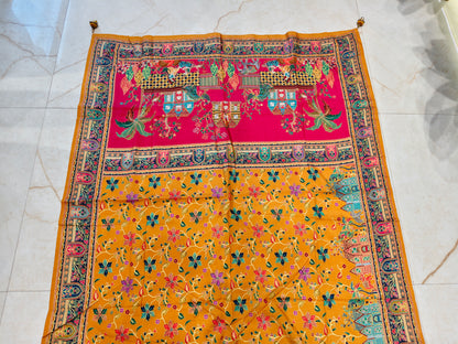 Mustard & Rani Pink Kalamkari Silk Saree