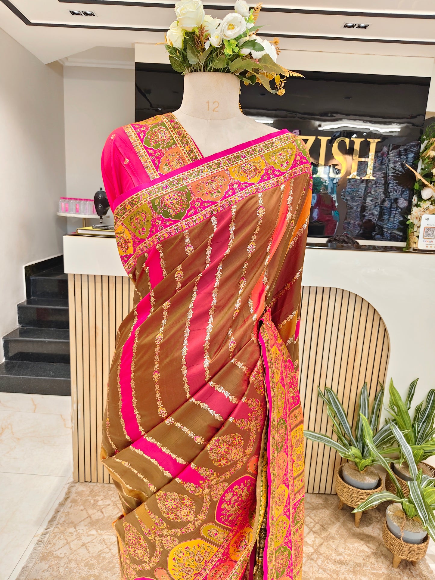 Rani Pink & Olive Green Darbari Silk Saree
