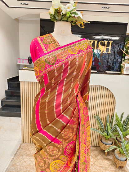 Rani Pink & Olive Green Darbari Silk Saree