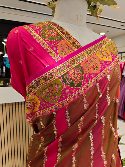 Rani Pink & Olive Green Darbari Silk Saree