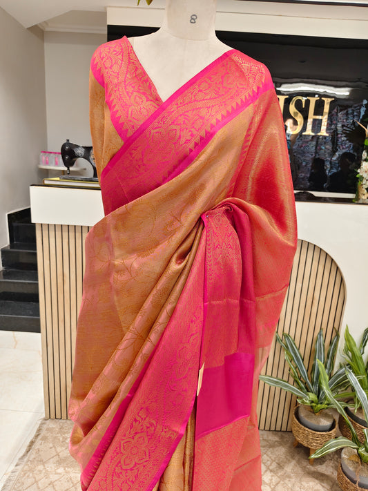 Rose Gold & Rani Pink Zari Tissue Saree