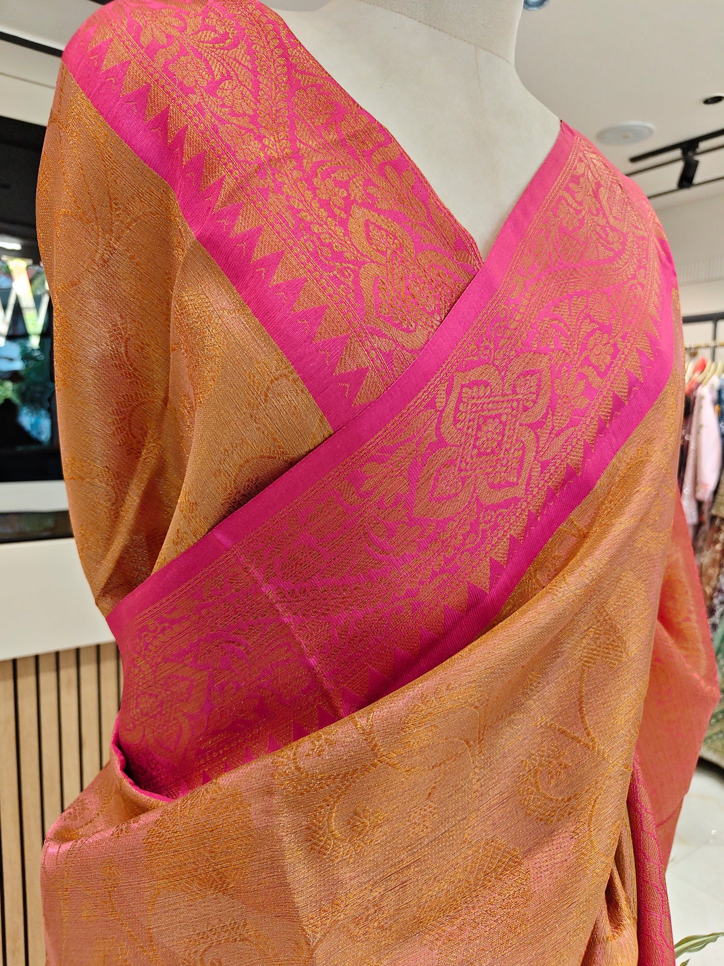 Rose Gold & Rani Pink Zari Tissue Saree