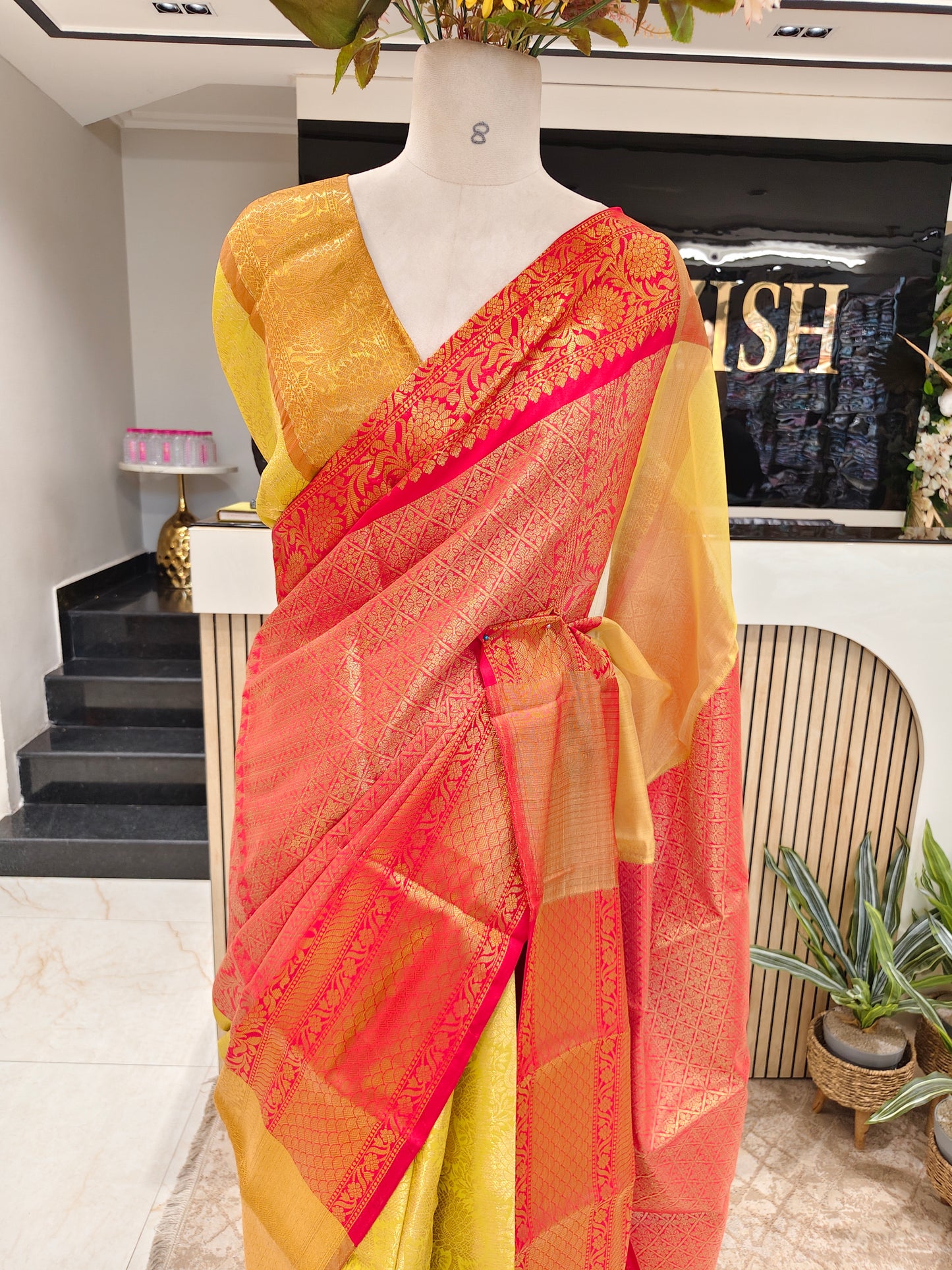 Red & Yellow Zari Tissue Saree
