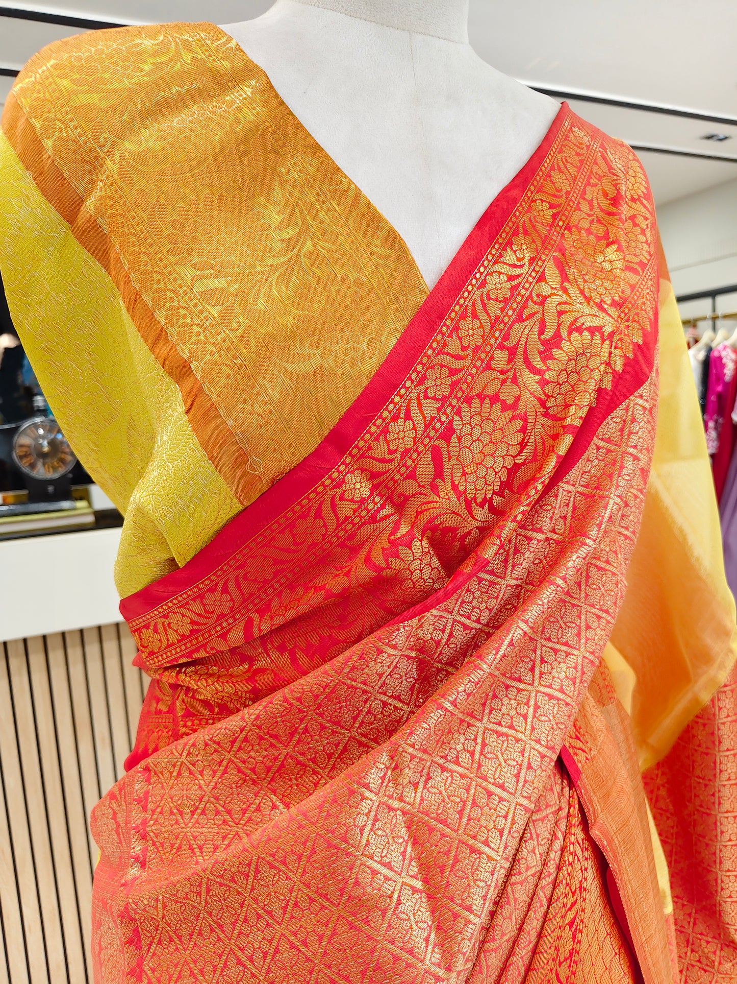 Red & Yellow Zari Tissue Saree