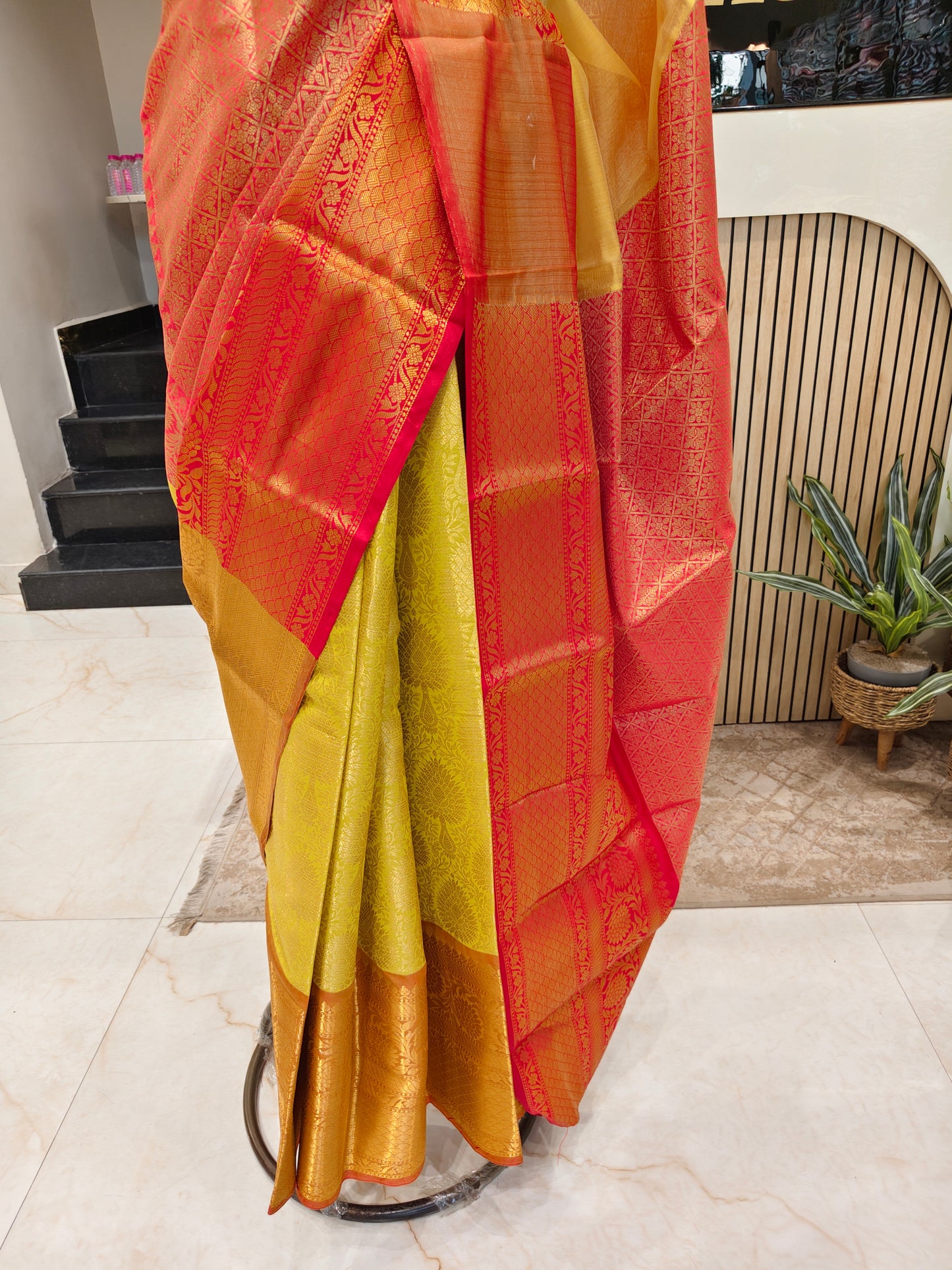 Red & Yellow Zari Tissue Saree