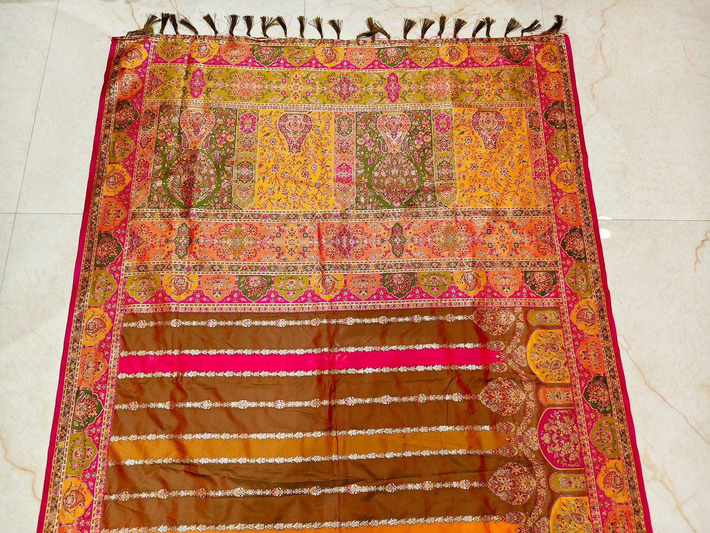 Rani Pink & Olive Green Darbari Silk Saree