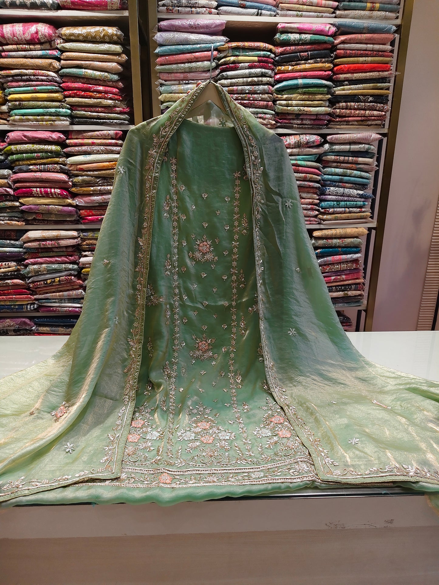 Olive Green Unstitched Suit
Tissue Suit Set
Kutdana Work Suit
Dabka Work Suit
Designer Festive Suit