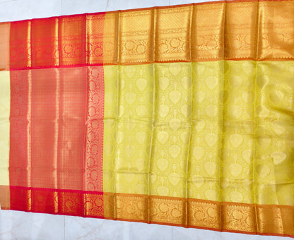 Red & Yellow Zari Tissue Saree