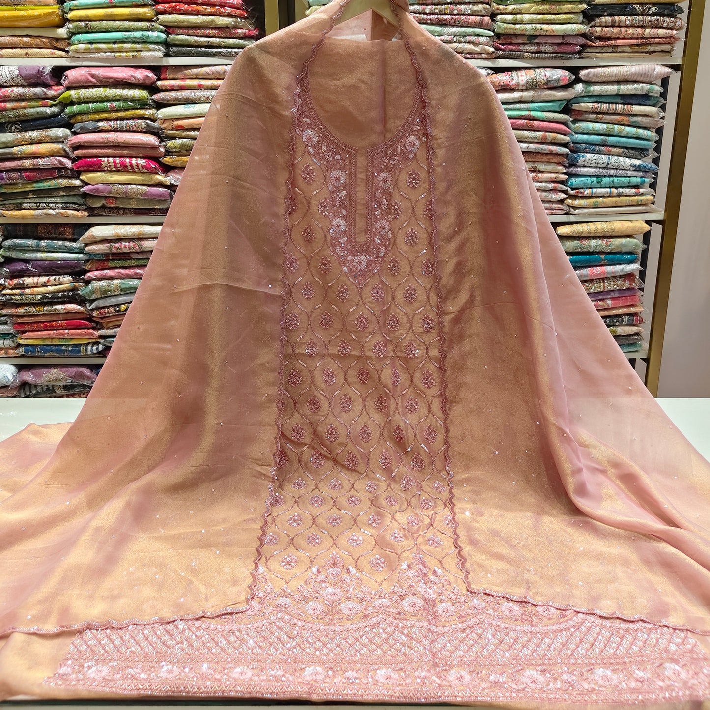 Rose Gold Unstitched Suit
Tissue Suit Set
Kutdana Work Suit
Designer Festive Suit
Wedding Wear Suit