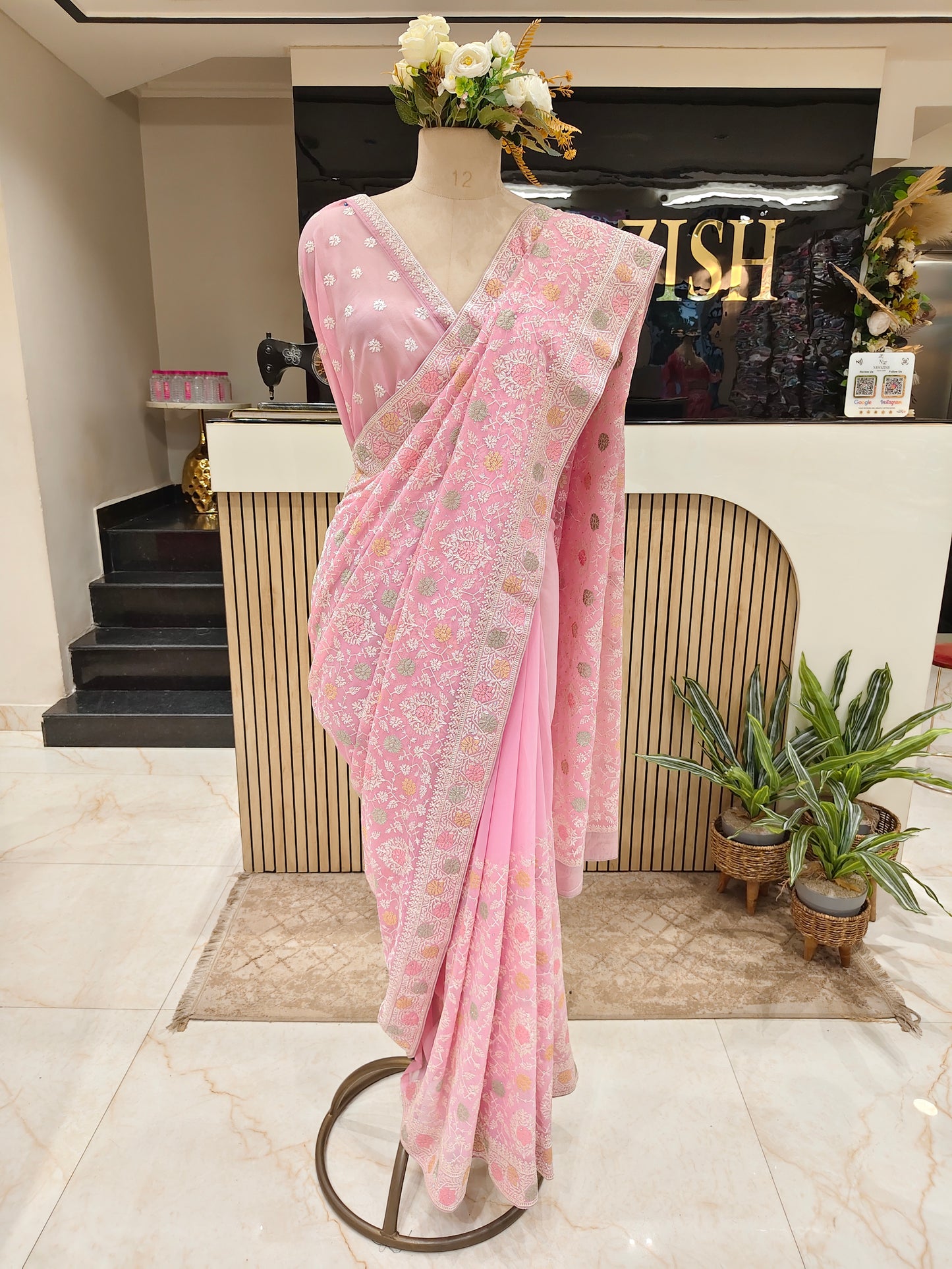 Baby Pink Resham & Stone Work Georgette Saree