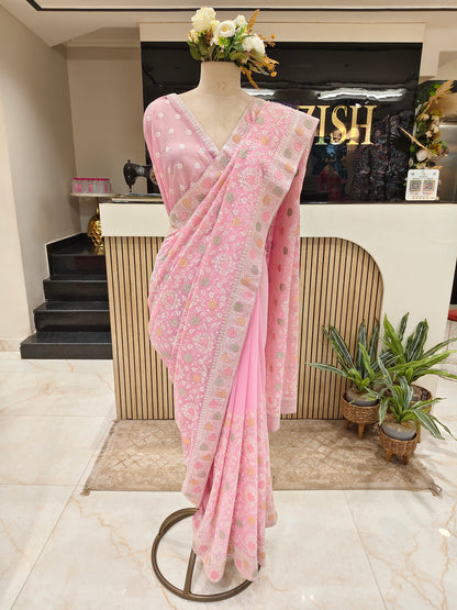 Baby Pink Resham & Stone Work Georgette Saree