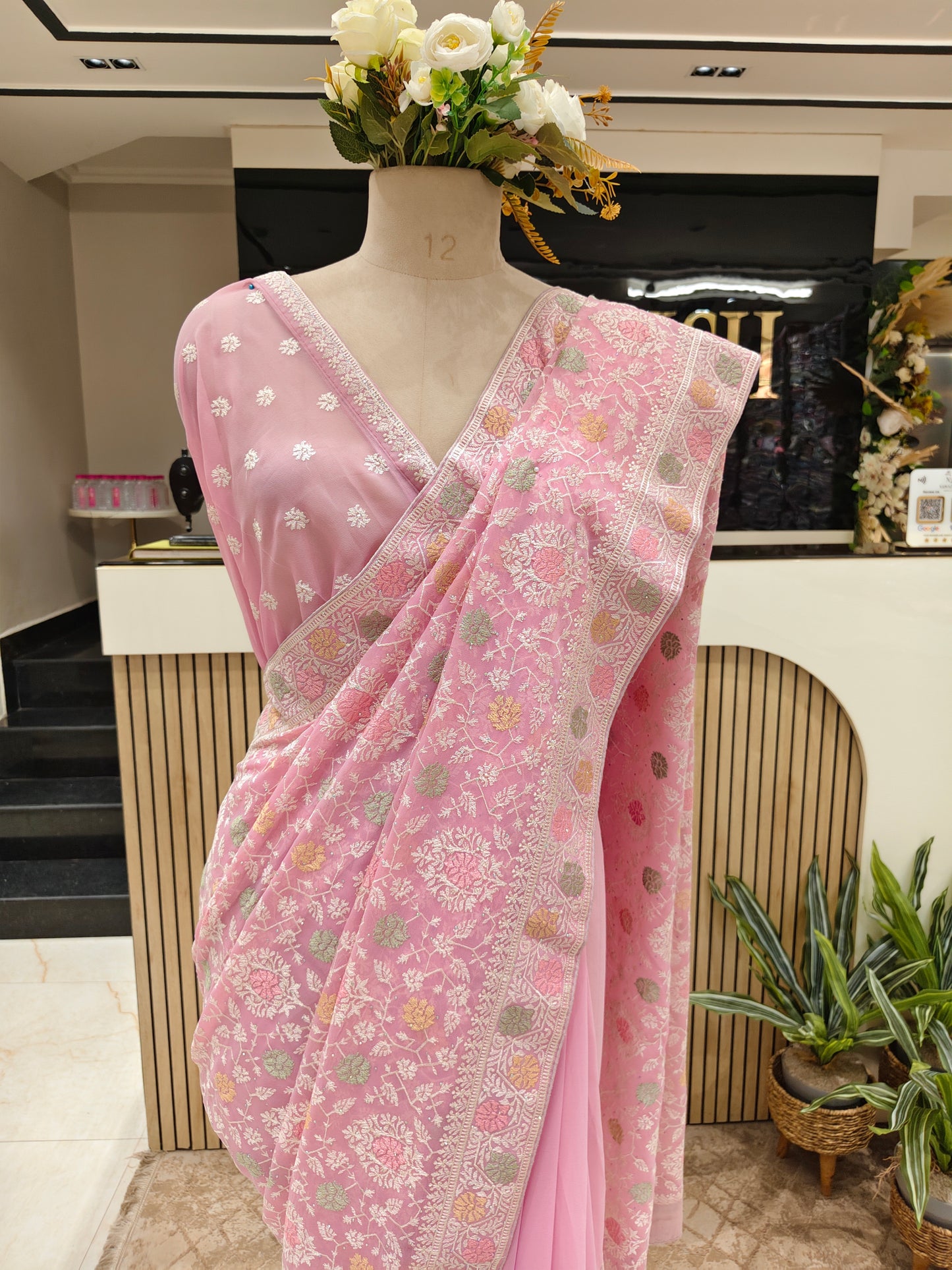 Baby Pink Resham & Stone Work Georgette Saree