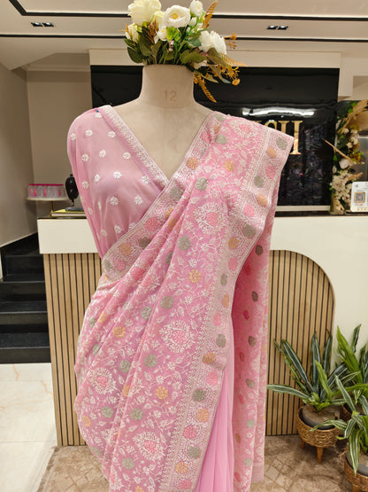 Baby Pink Resham & Stone Work Georgette Saree
