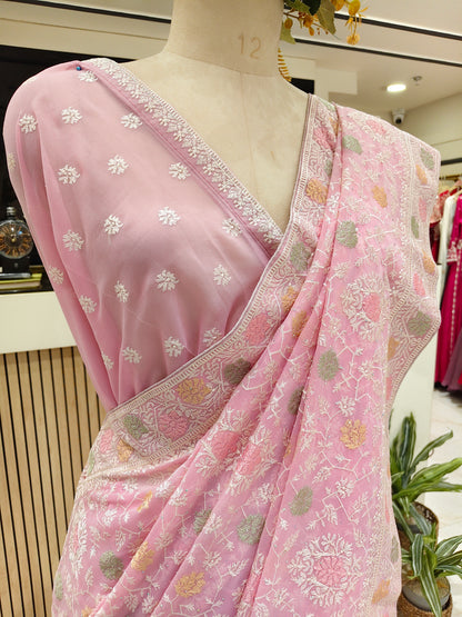 Baby Pink Resham & Stone Work Georgette Saree