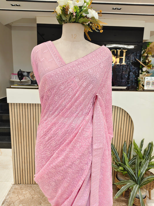 Baby Pink Resham & Stone Work Georgette Saree