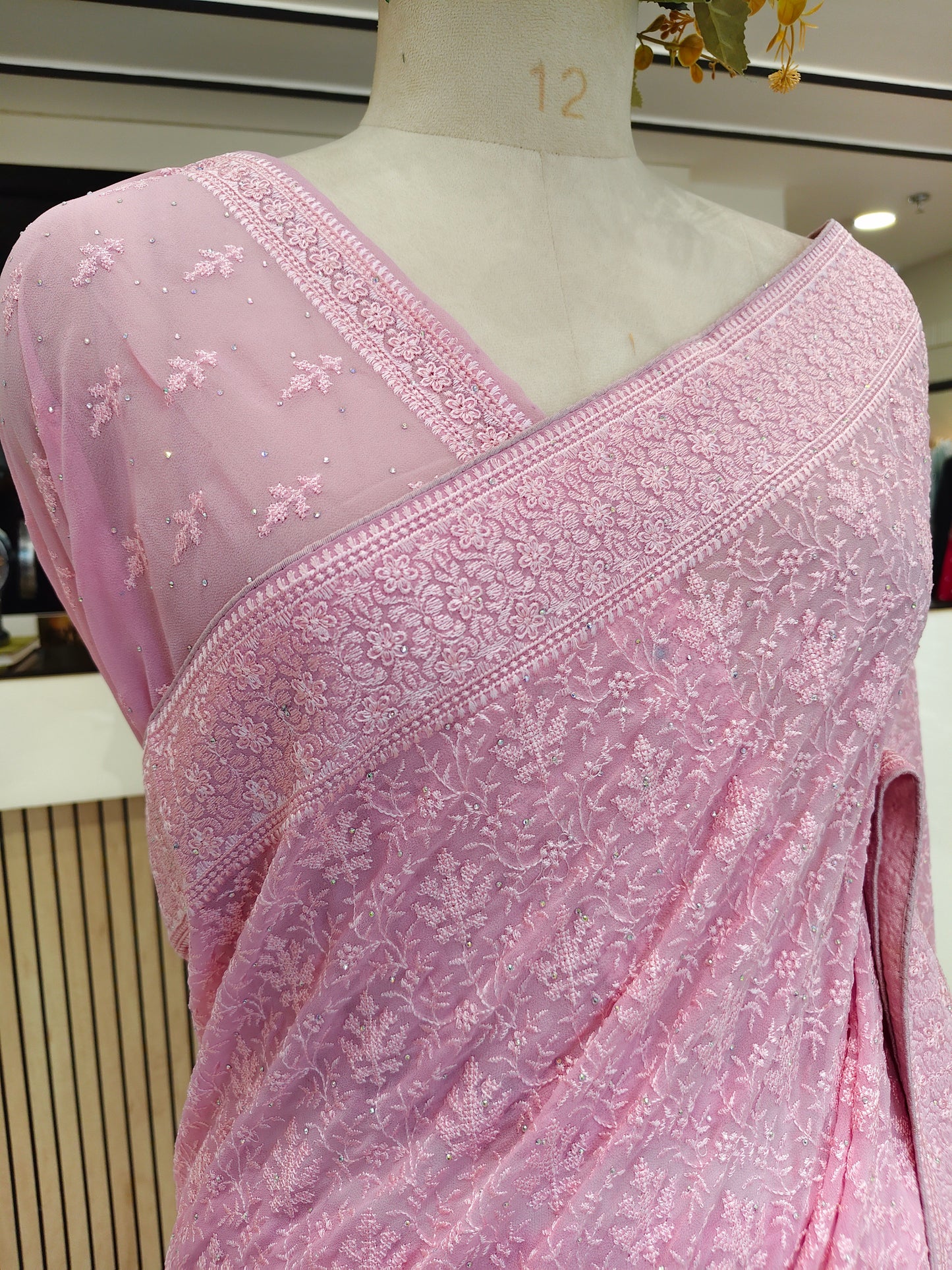 Baby Pink Resham & Stone Work Georgette Saree