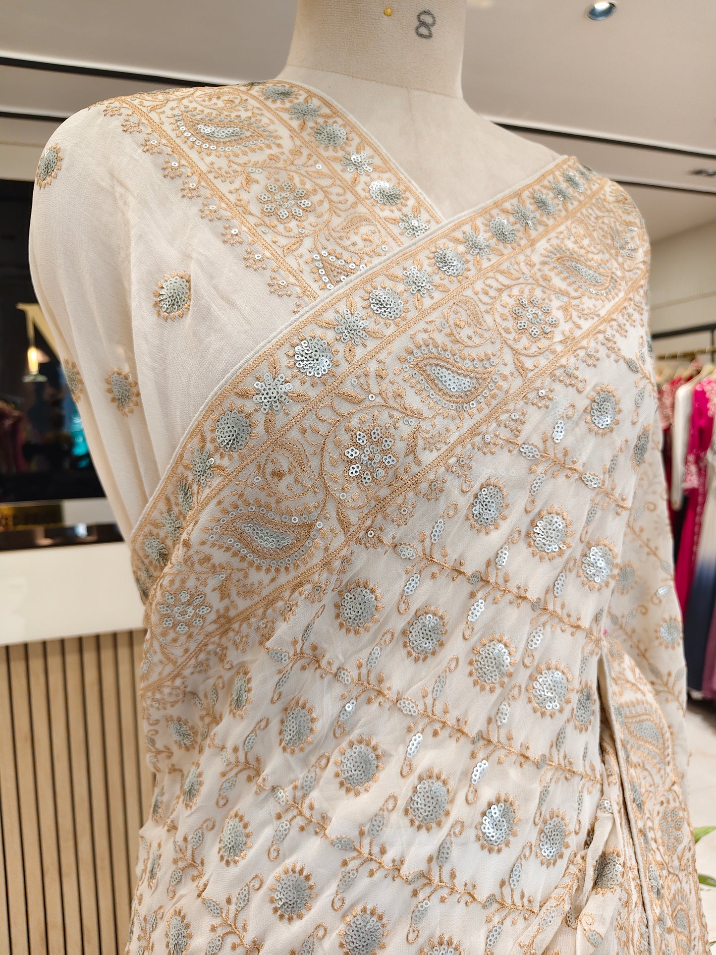 Cream Resham & Sequins Work Georgette Saree