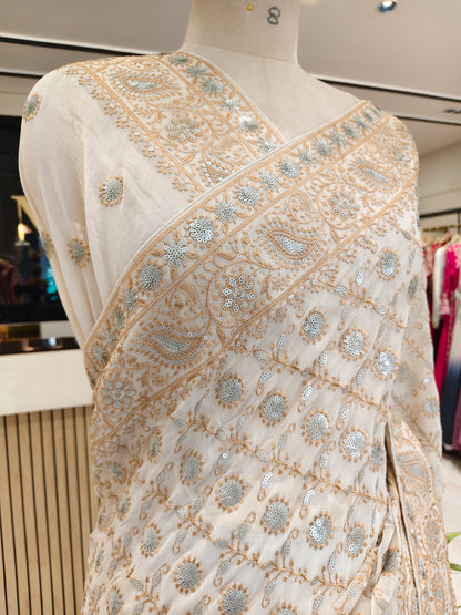 Cream Resham & Sequins Work Georgette Saree