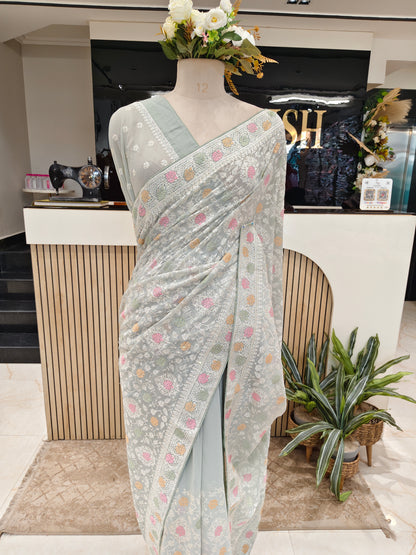 Sea Green Resham & Stone Work Georgette Saree