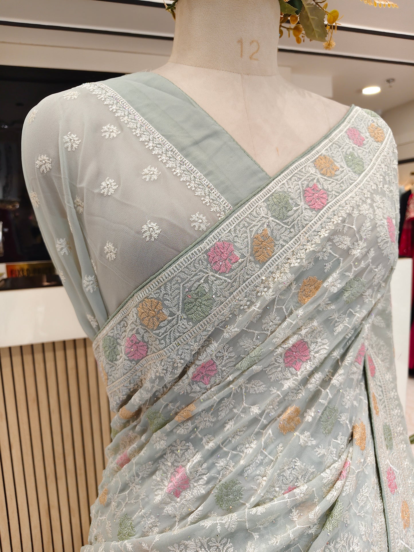 Sea Green Resham & Stone Work Georgette Saree