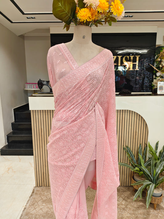 Baby Pink Resham & Stone Work Georgette Saree