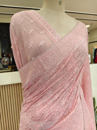 Baby Pink Resham & Stone Work Georgette Saree